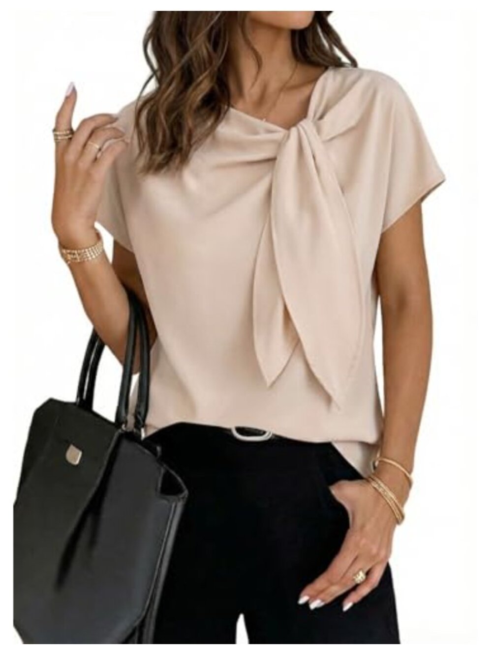 Women's Business Casual Chiffon Blouse Knot Neckline Short Sleeve Flowy Office